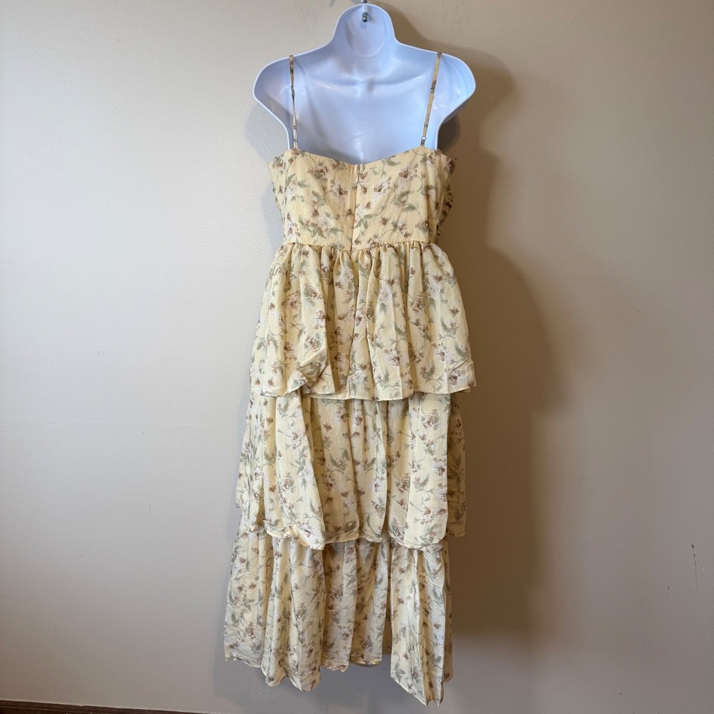Women's Yellow Floral Tiered Midi Dress with Tie Front - Picture 10 of 10